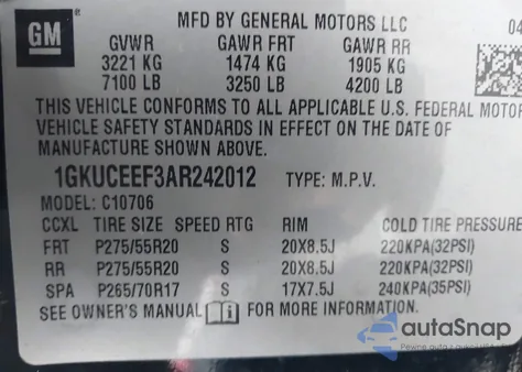 2010 GMC Yukon Denali z USA, uszkodzony, nr VIN 1GKUCEEF3AR242012